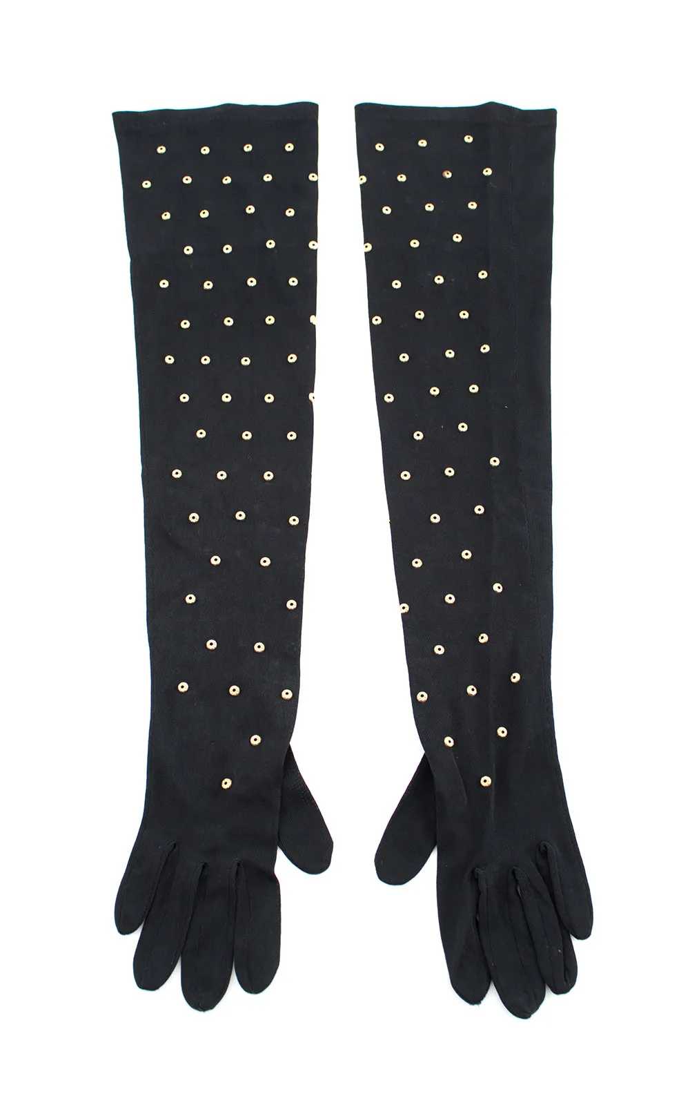 1940s Brass Studded Rayon Jersey Opera-Length Gloves | x-small