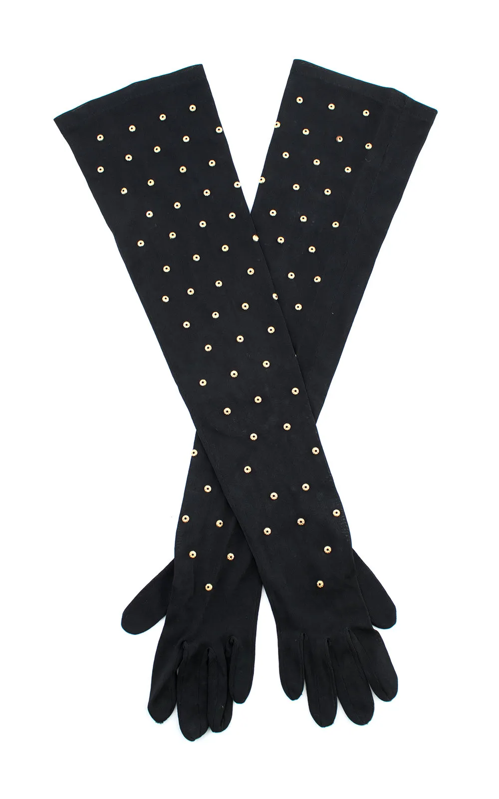 1940s Brass Studded Rayon Jersey Opera-Length Gloves | x-small