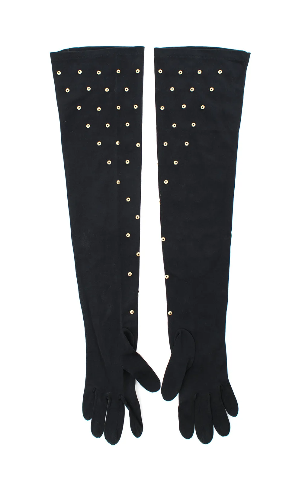 1940s Brass Studded Rayon Jersey Opera-Length Gloves | x-small