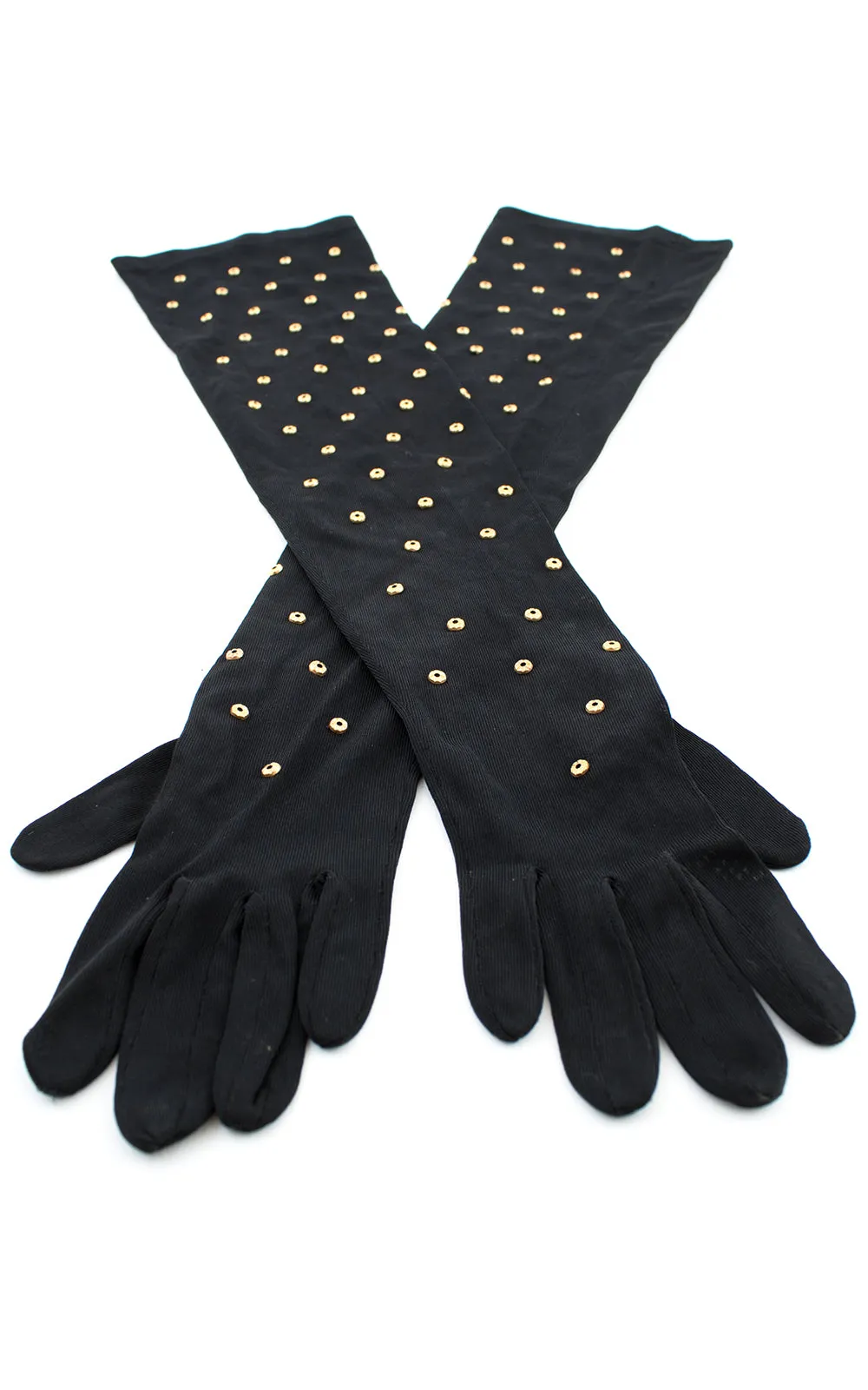 1940s Brass Studded Rayon Jersey Opera-Length Gloves | x-small