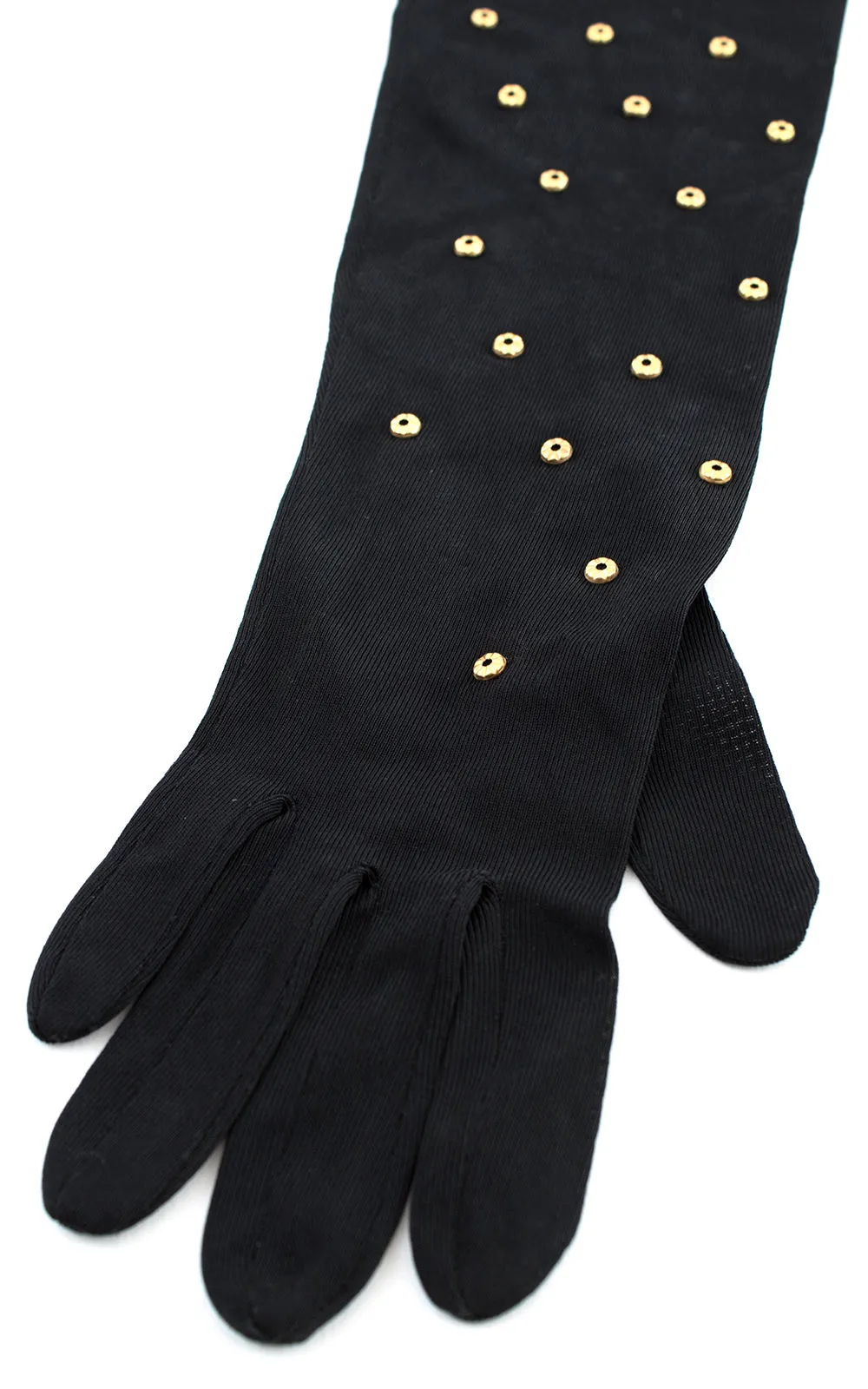 1940s Brass Studded Rayon Jersey Opera-Length Gloves | x-small