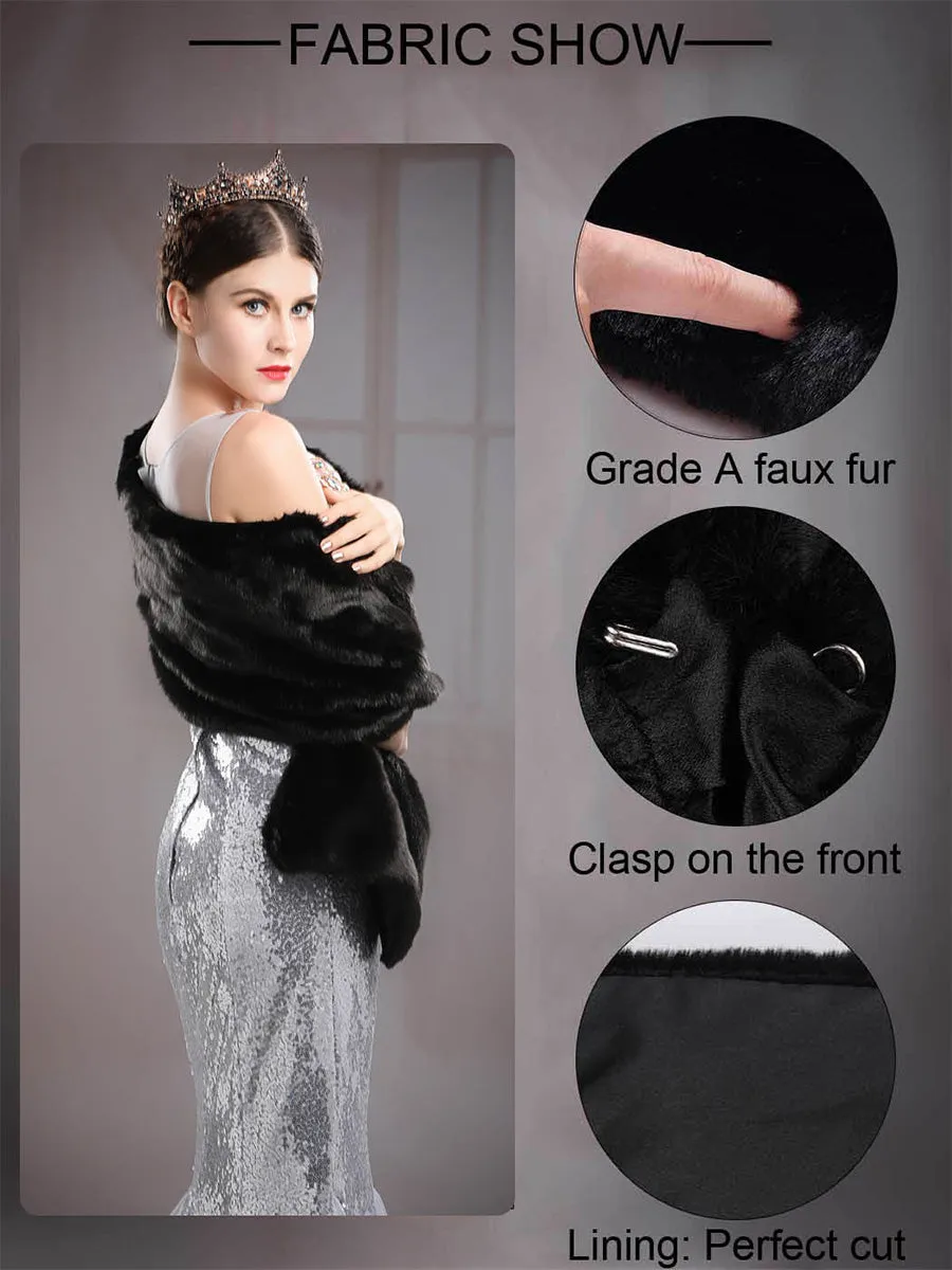 2025 Women's Classic Black Long Pile Faux Fur Shawls