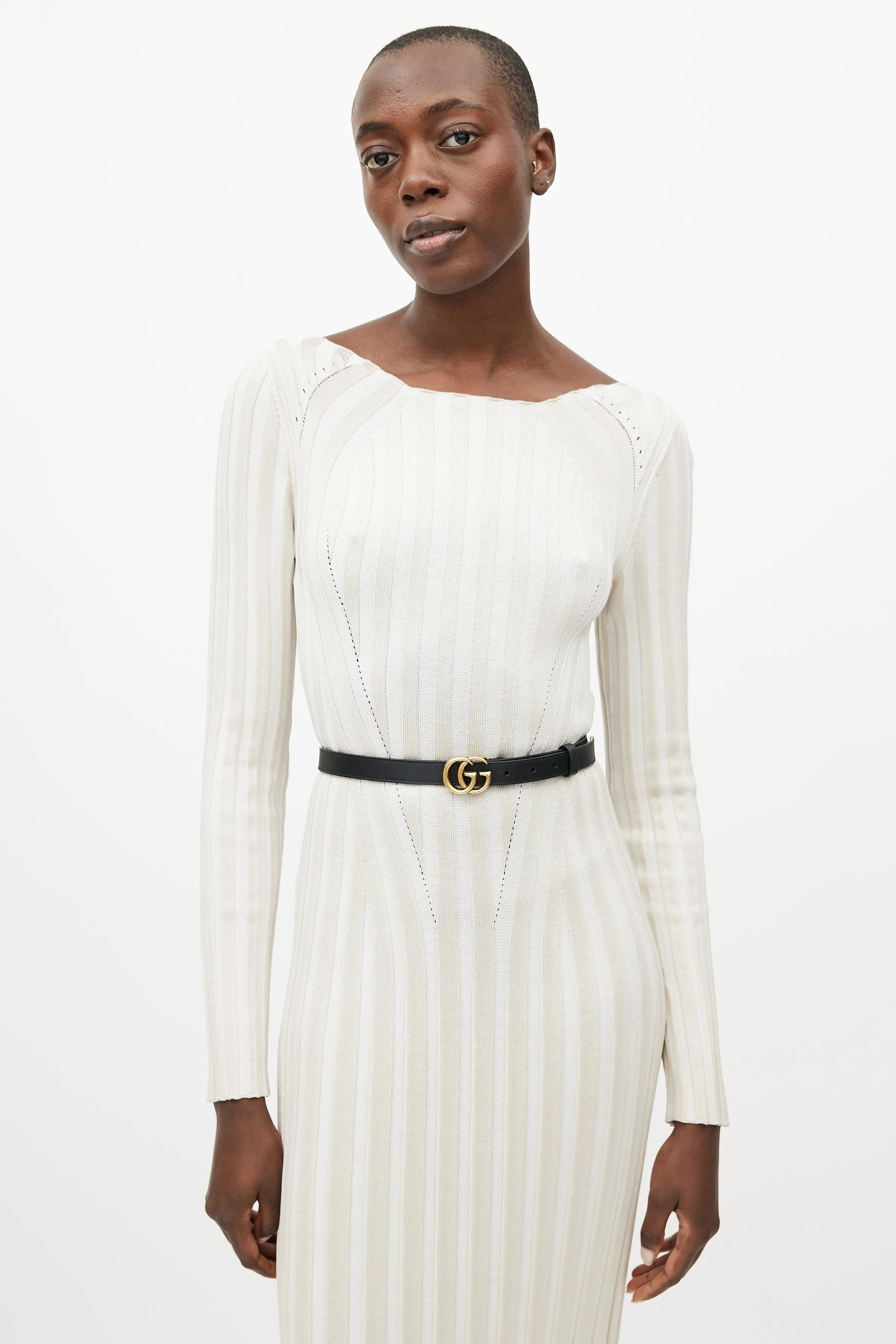 Black & Gold Leather GG Slim Belt
