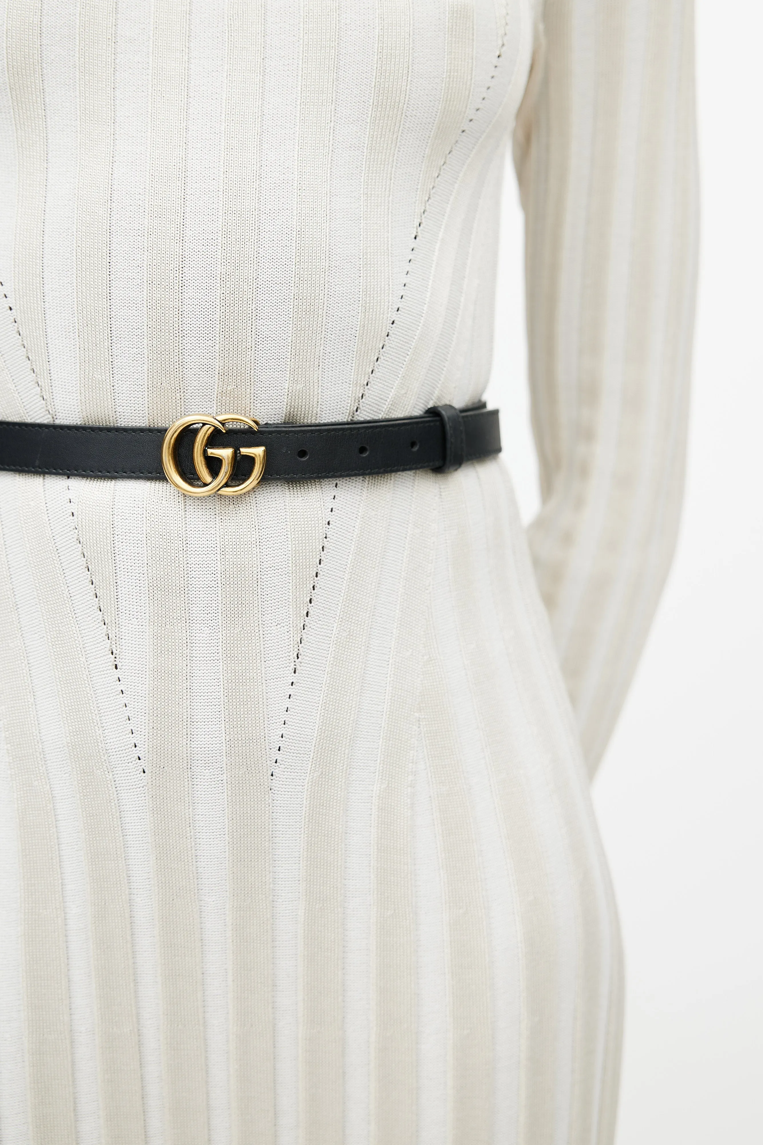 Black & Gold Leather GG Slim Belt