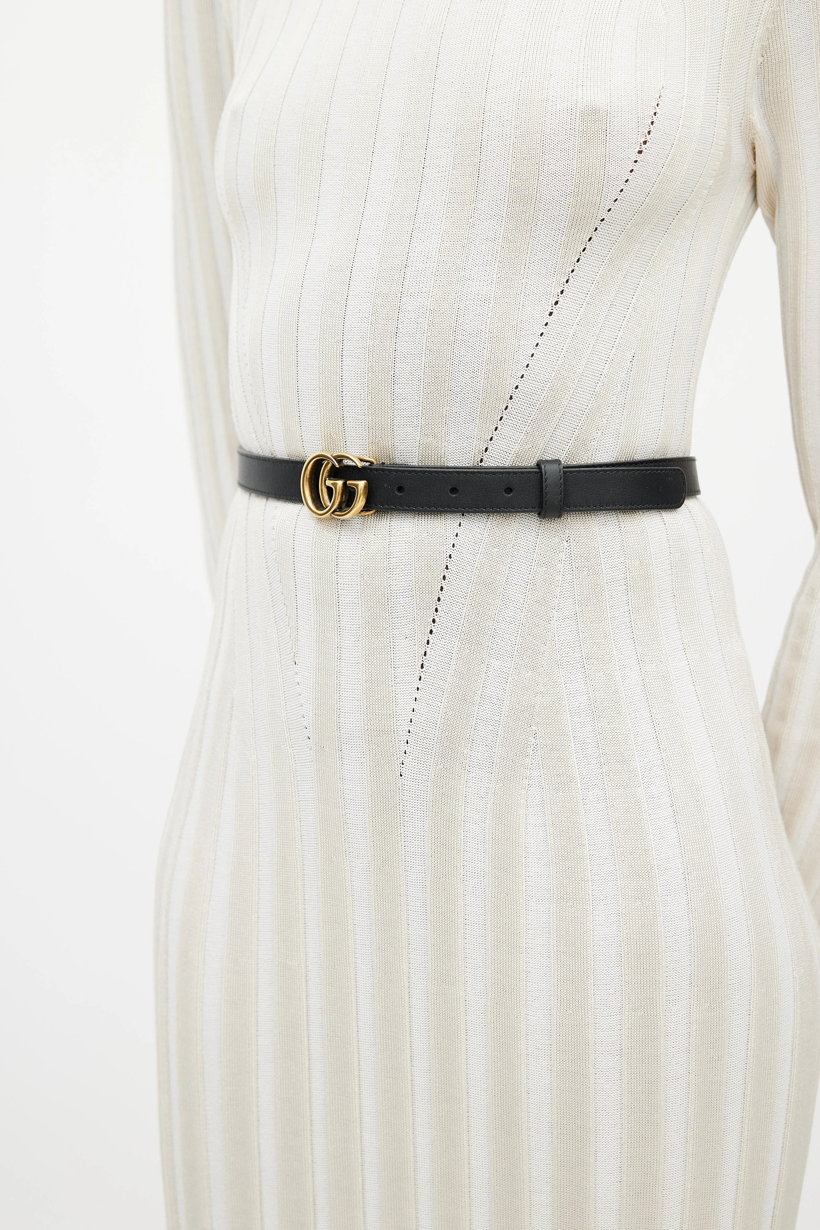 Black & Gold Leather GG Slim Belt
