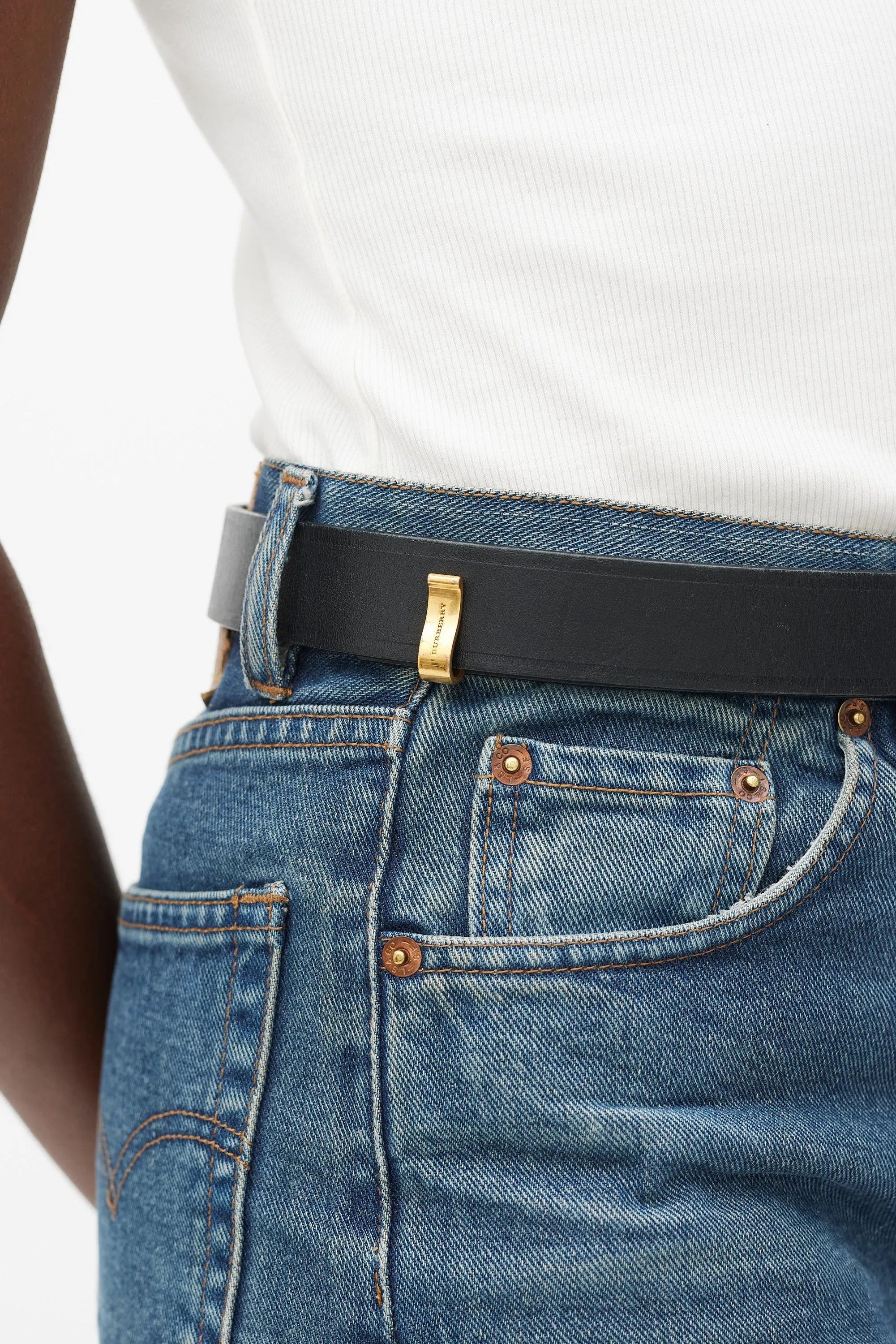 Black & Gold Leather Slim Clasp Belt