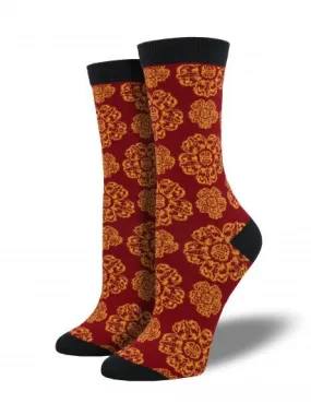 Dark Red Chinese Pattern Bamboo Socks (Women's)