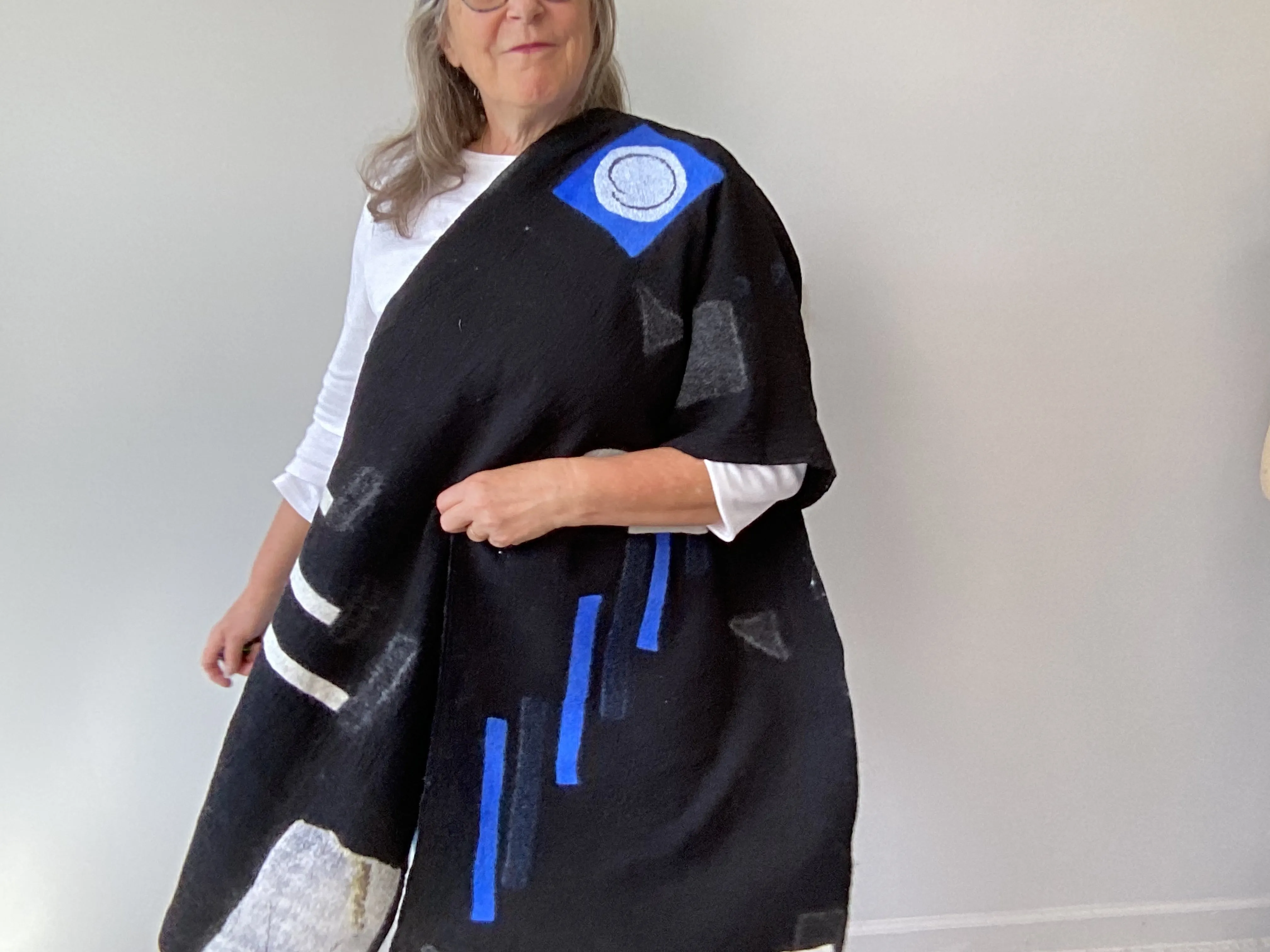 Geometric Shawl - Black with Blue