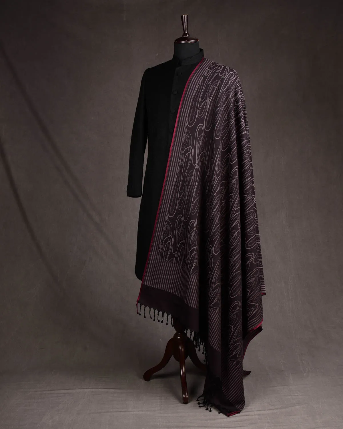 Mahogany Paisley Satin Tanchoi Handwoven Silk Wool Unisex Dress Shawl