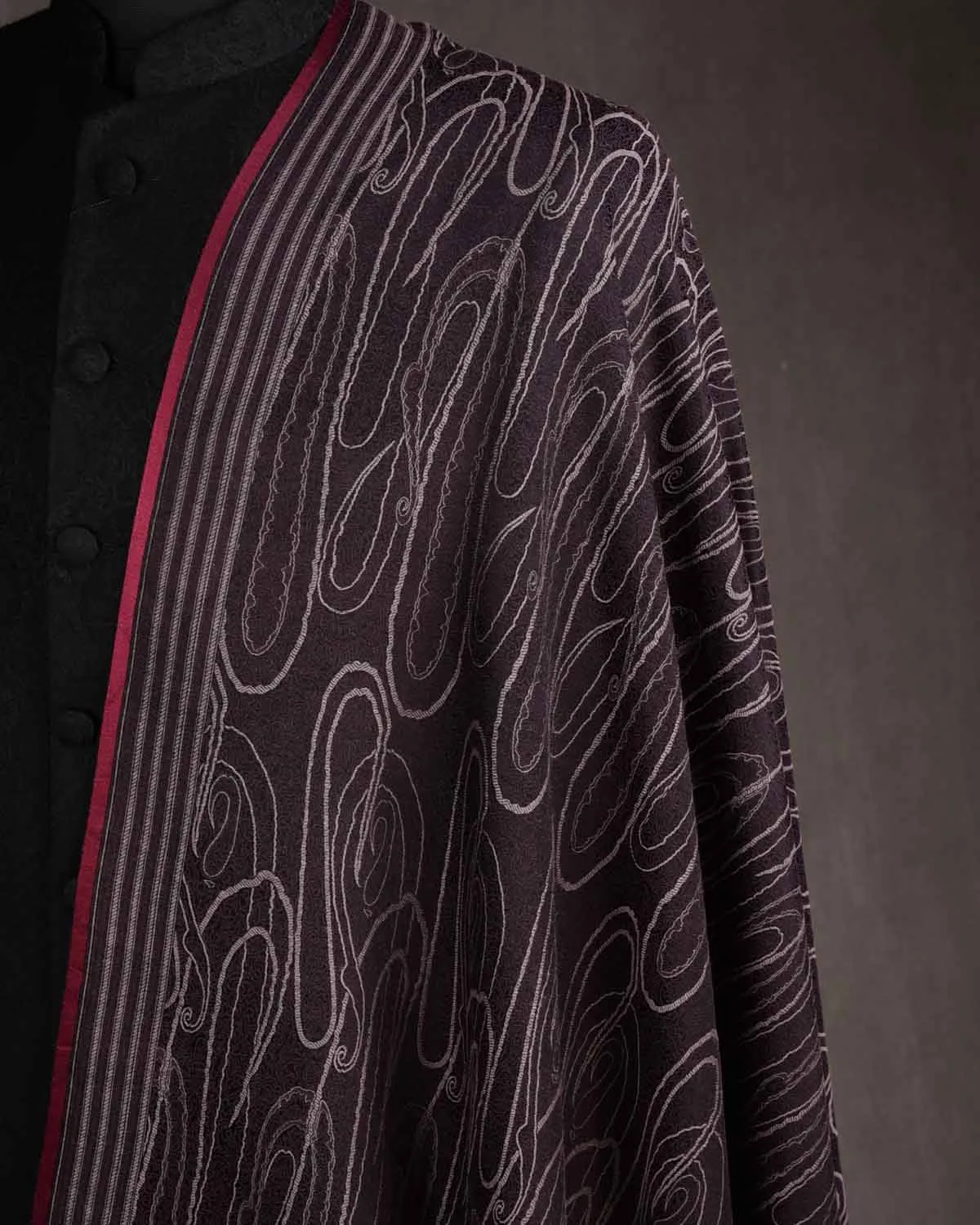 Mahogany Paisley Satin Tanchoi Handwoven Silk Wool Unisex Dress Shawl