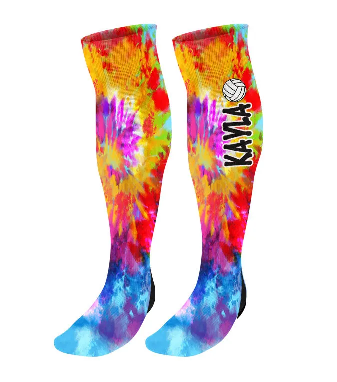 Personalized Volleyball Knee High Socks - Tie Dye Background