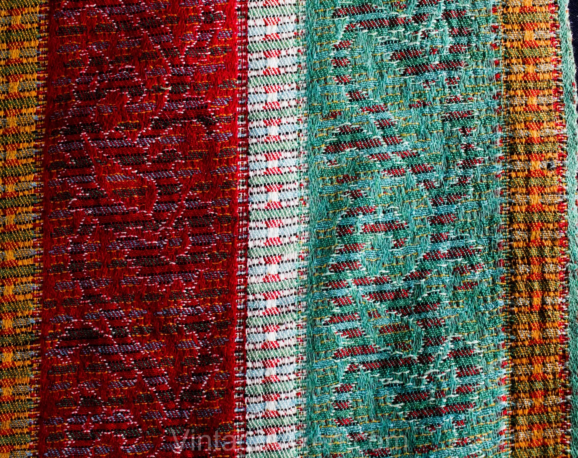 Victorian Winter Shawl - Antique Wool Striped Wrap - Turkey Red Verdigris Green - Authentic 1800s Rectangle Fabric - As Is - 56 x 91 Inches