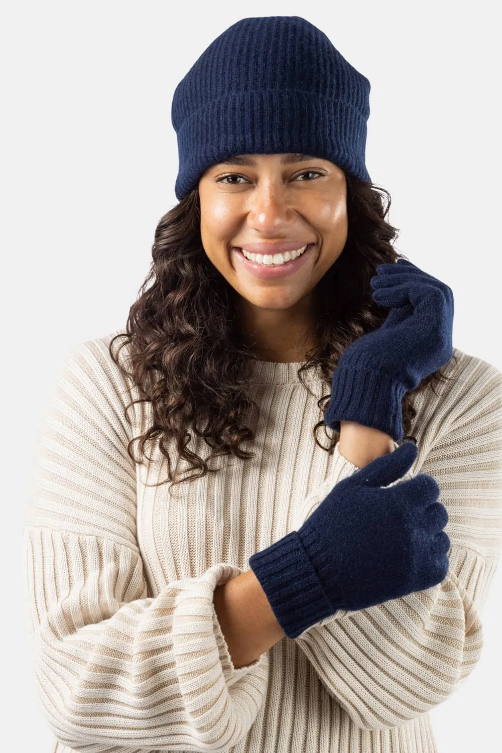Women's 2pc 100% Cashmere Ribbed Beanie Hat & Glove Set with Gift Box