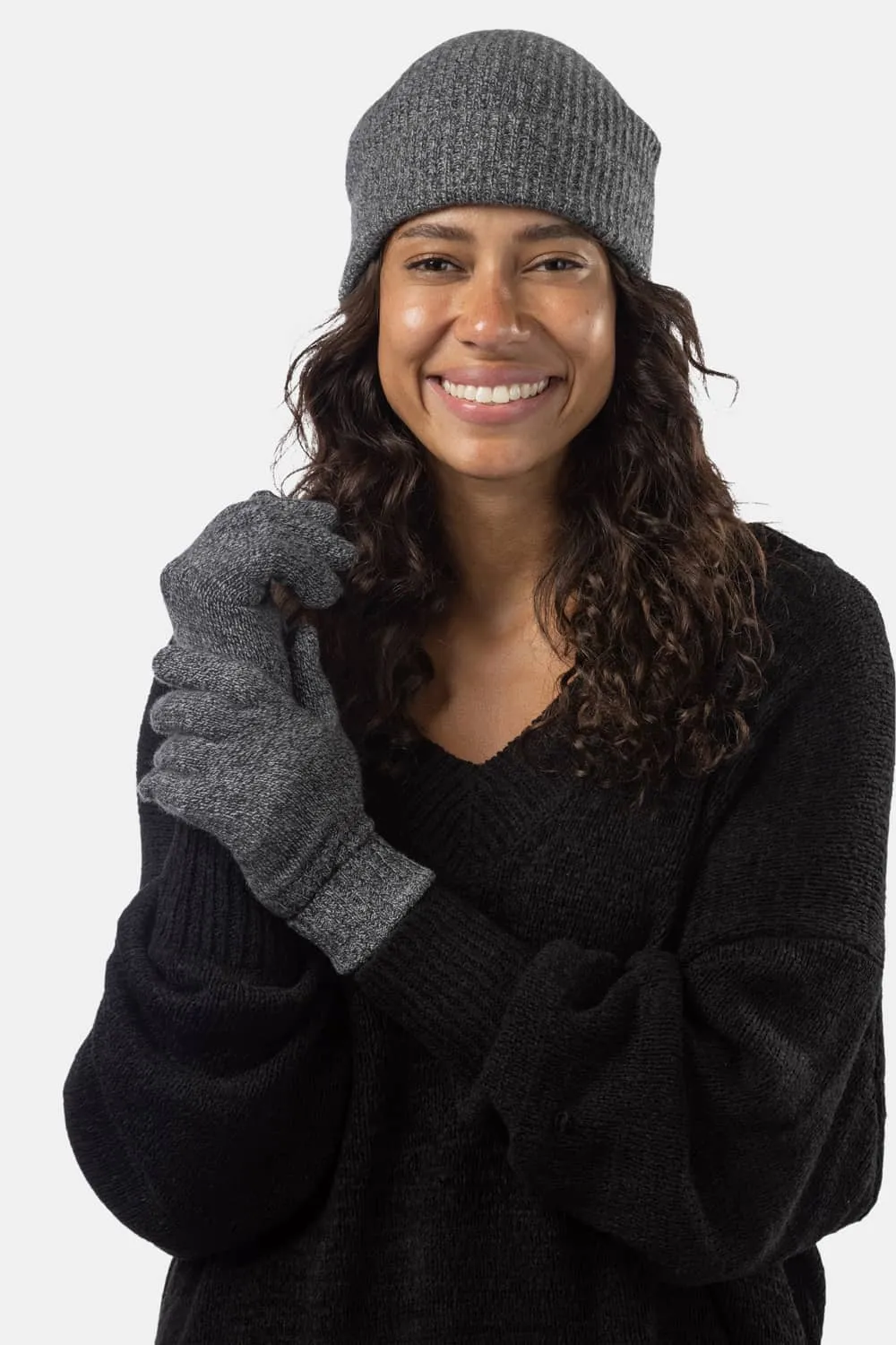 Women's 2pc 100% Cashmere Ribbed Beanie Hat & Glove Set with Gift Box