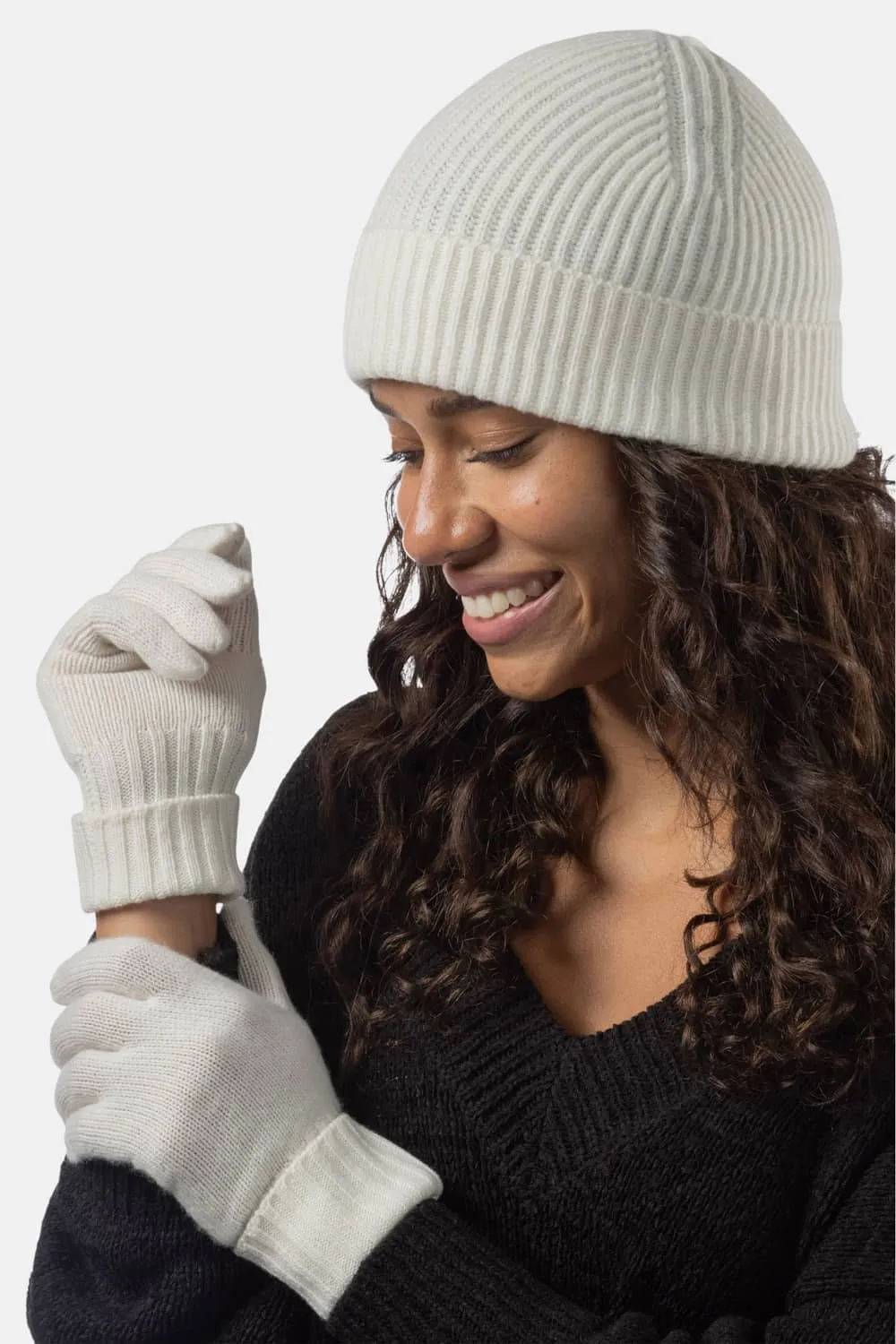 Women's 2pc 100% Cashmere Ribbed Beanie Hat & Glove Set with Gift Box