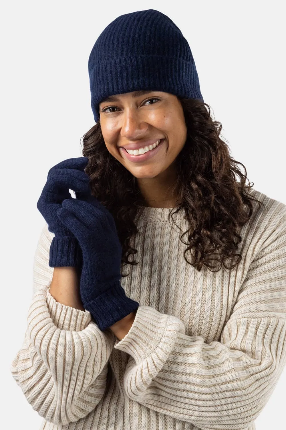 Women's 2pc 100% Cashmere Ribbed Beanie Hat & Glove Set with Gift Box