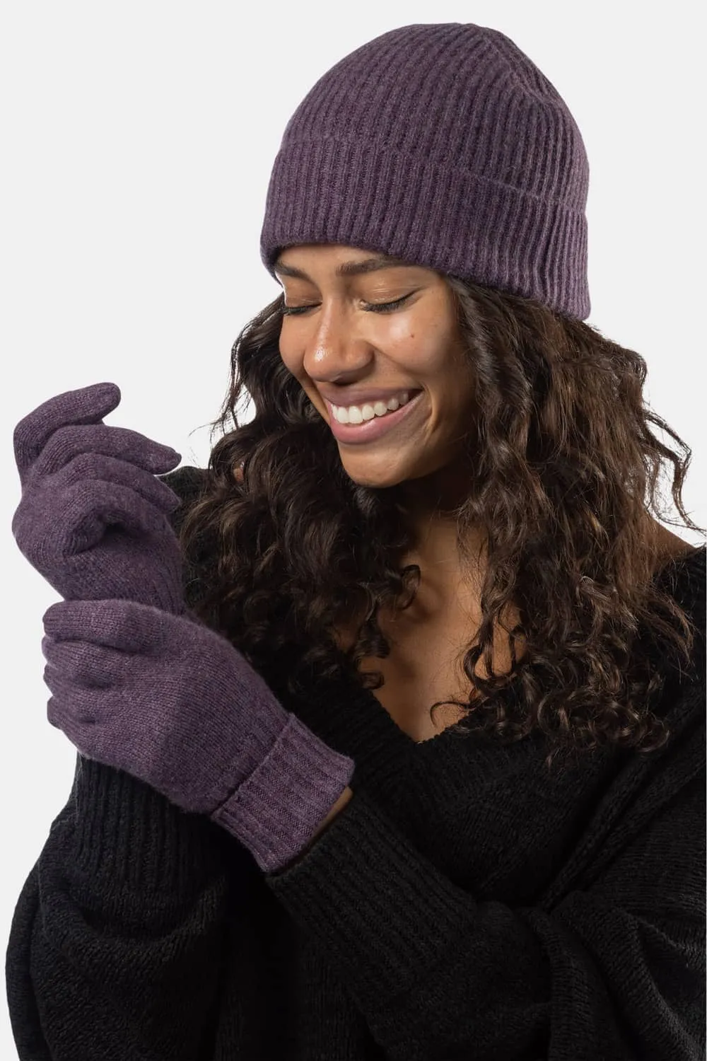 Women's 2pc 100% Cashmere Ribbed Beanie Hat & Glove Set with Gift Box