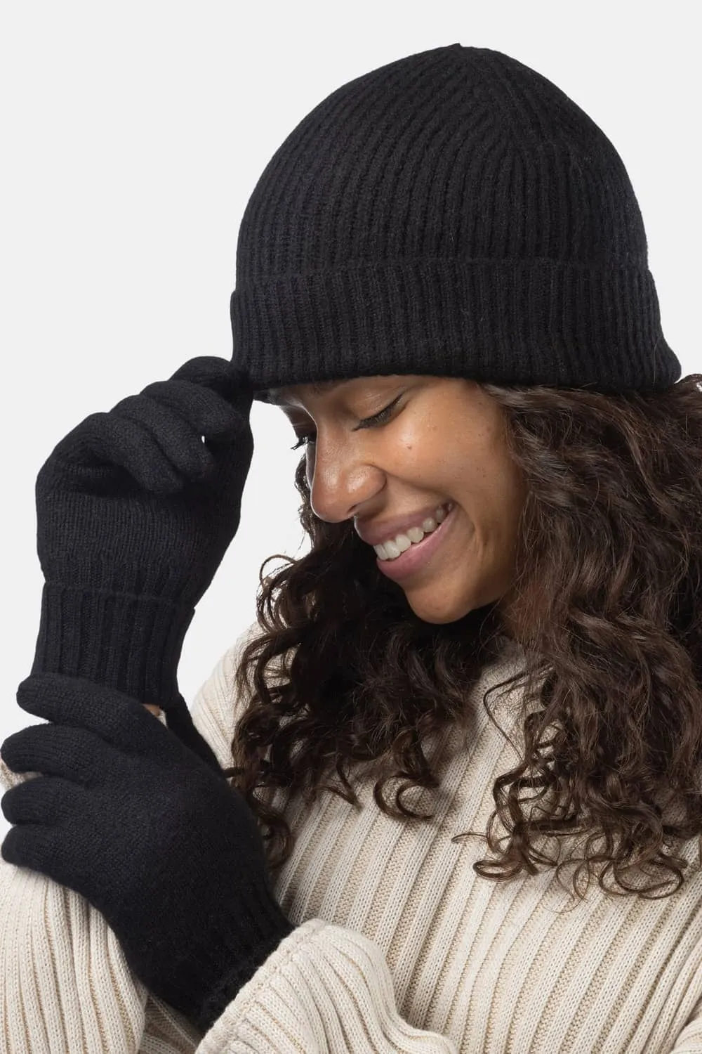Women's 2pc 100% Cashmere Ribbed Beanie Hat & Glove Set with Gift Box