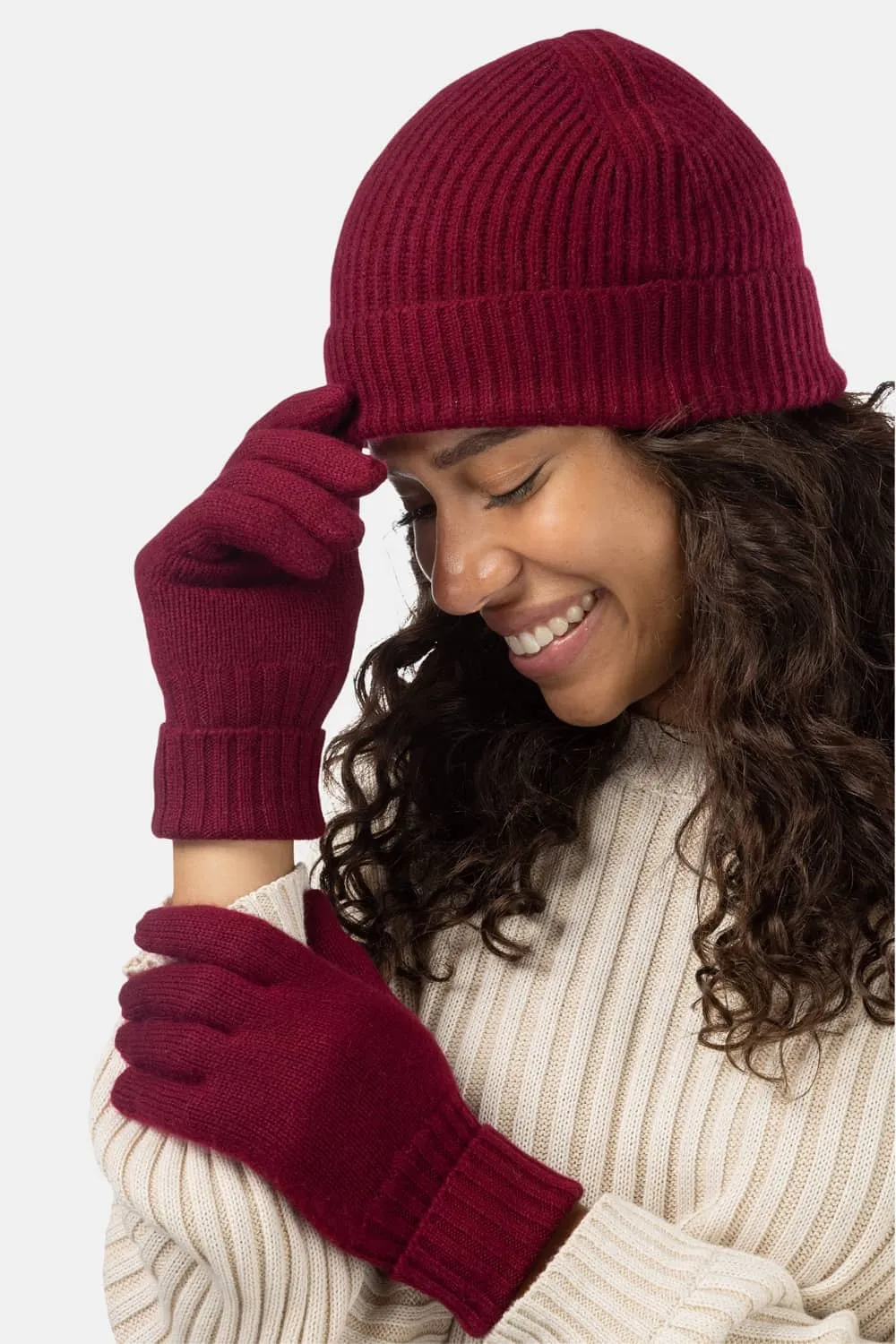 Women's 2pc 100% Cashmere Ribbed Beanie Hat & Glove Set with Gift Box