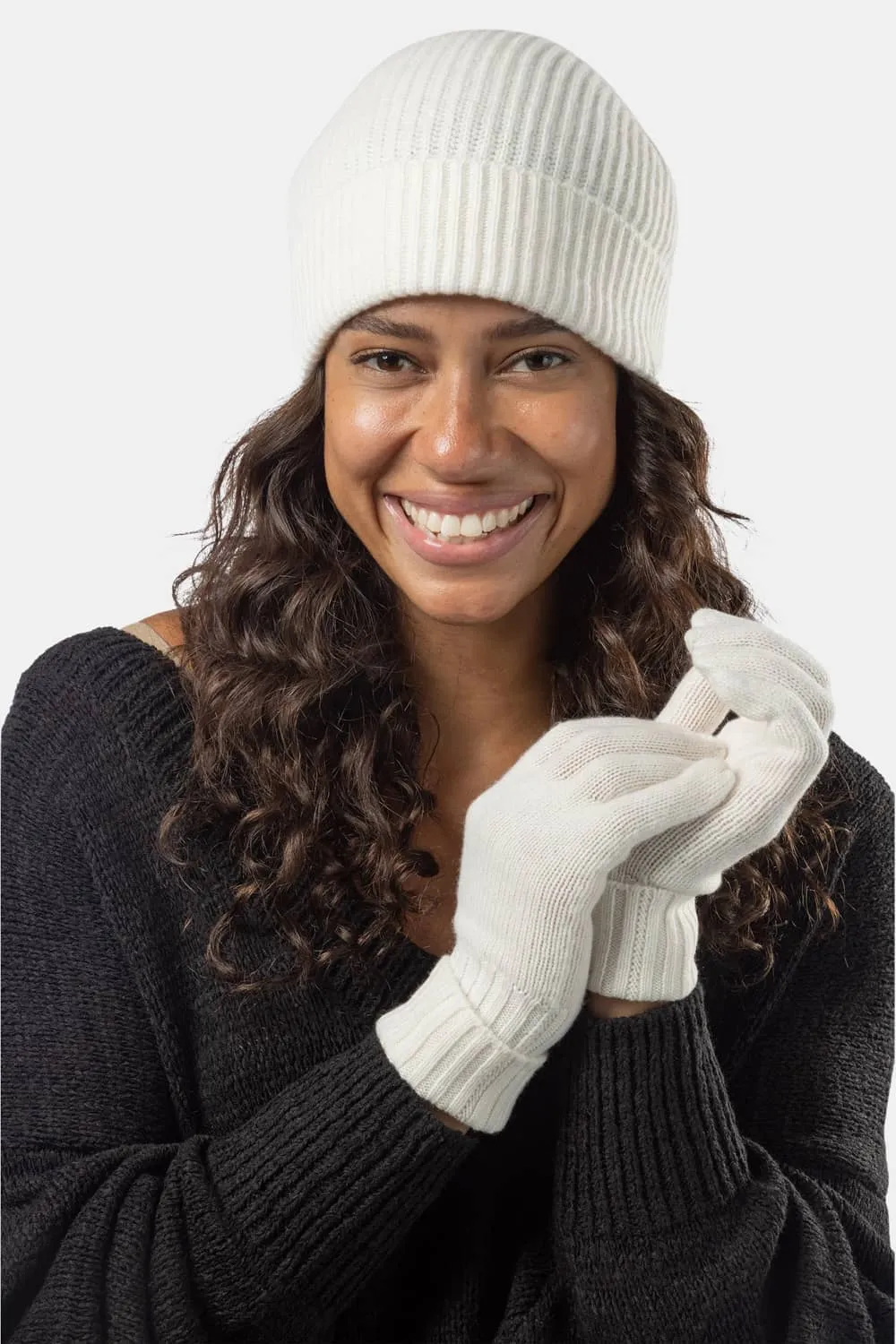 Women's 2pc 100% Cashmere Ribbed Beanie Hat & Glove Set with Gift Box