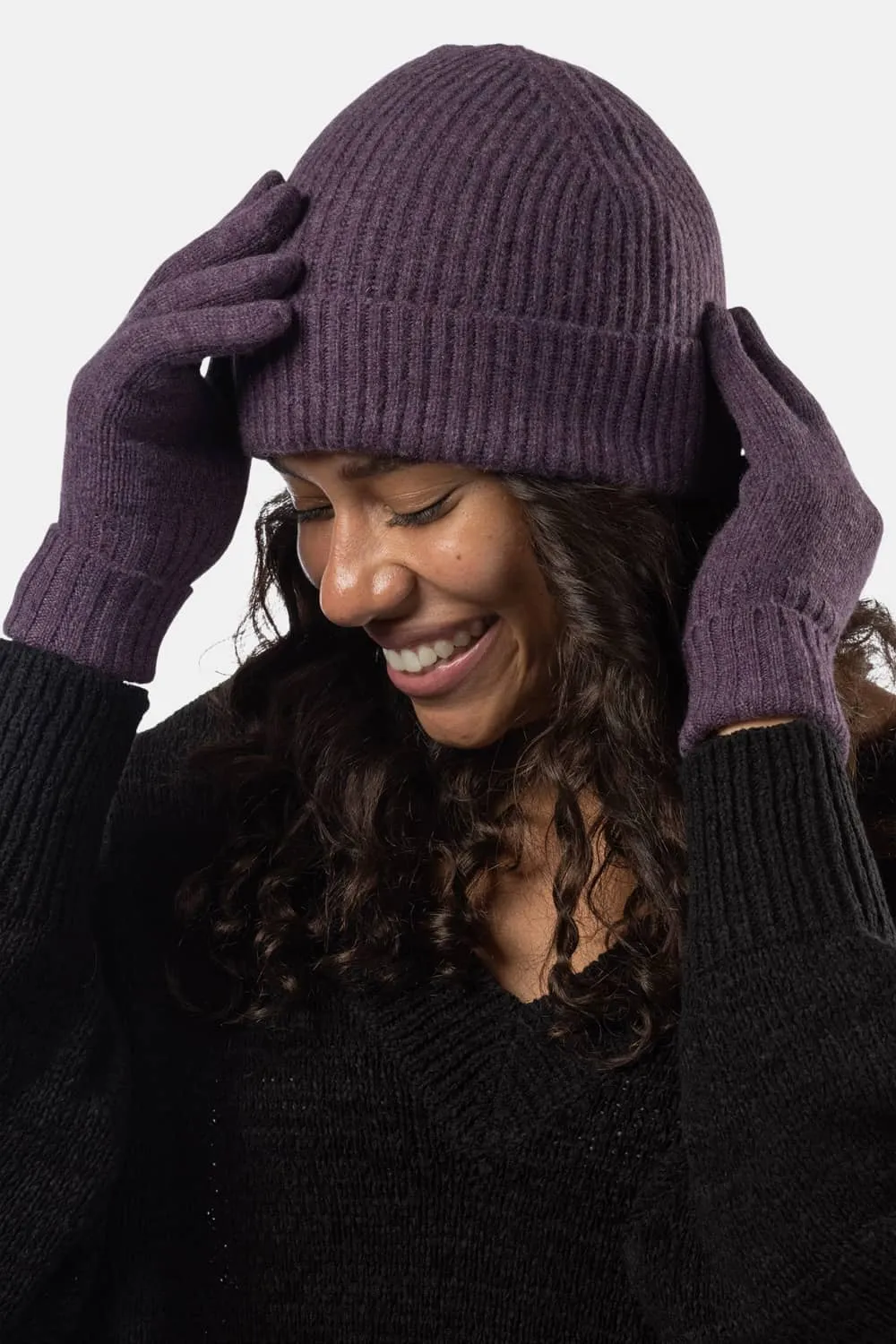 Women's 2pc 100% Cashmere Ribbed Beanie Hat & Glove Set with Gift Box