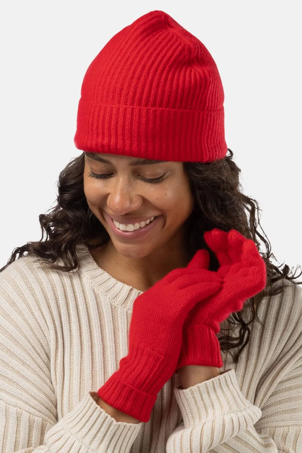 Women's 2pc 100% Cashmere Ribbed Beanie Hat & Glove Set with Gift Box