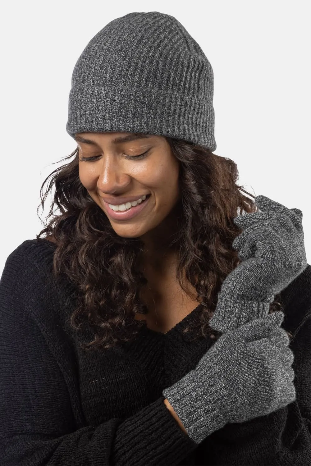 Women's 2pc 100% Cashmere Ribbed Beanie Hat & Glove Set with Gift Box