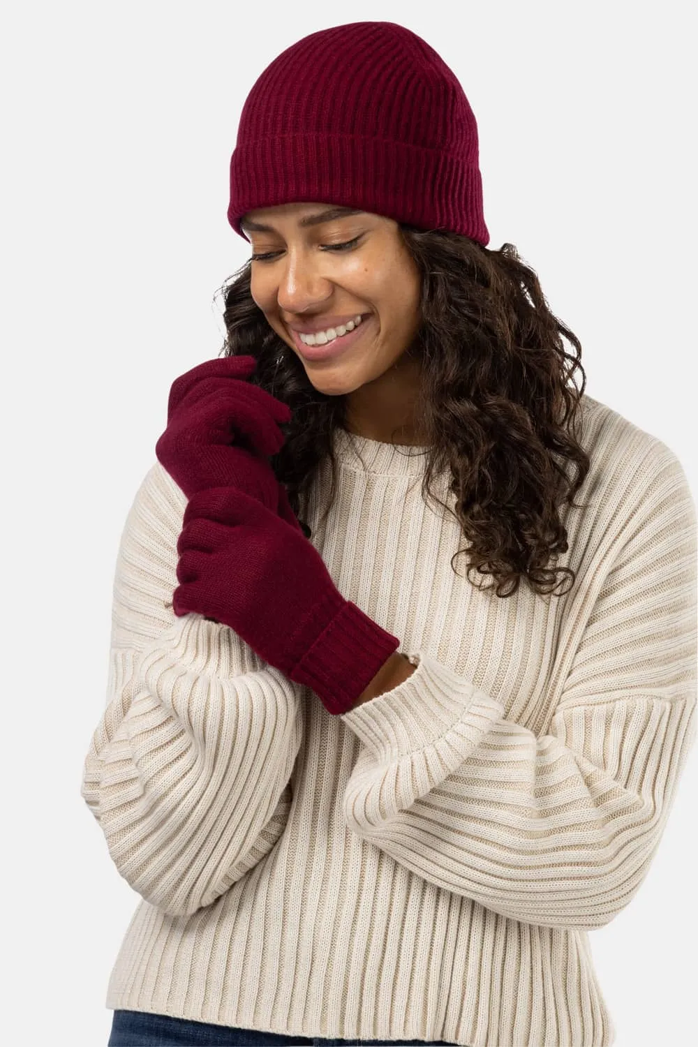 Women's 2pc 100% Cashmere Ribbed Beanie Hat & Glove Set with Gift Box