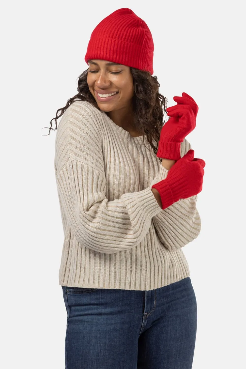 Women's 2pc 100% Cashmere Ribbed Beanie Hat & Glove Set with Gift Box