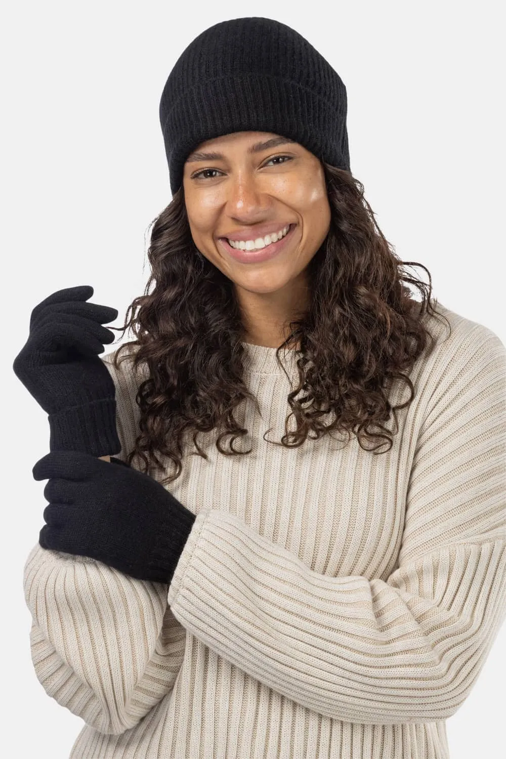 Women's 2pc 100% Cashmere Ribbed Beanie Hat & Glove Set with Gift Box