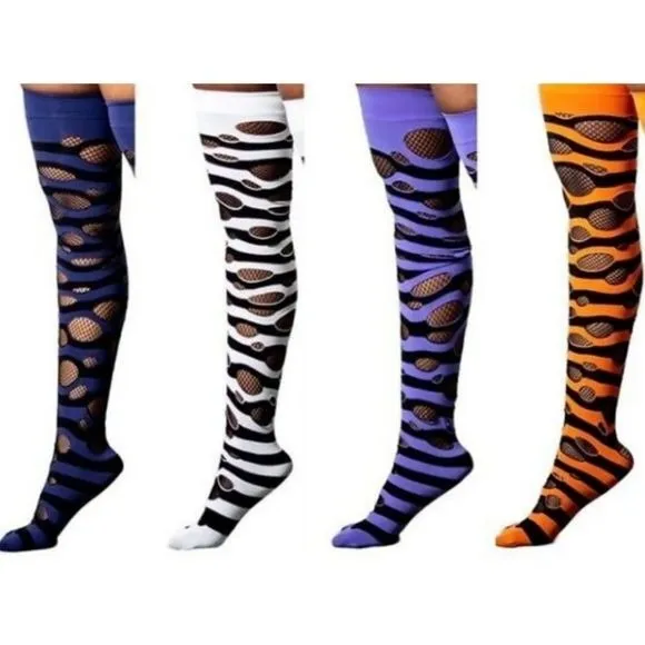 Wretched Soul Distressed Long Thigh High Socks | Black & Orange