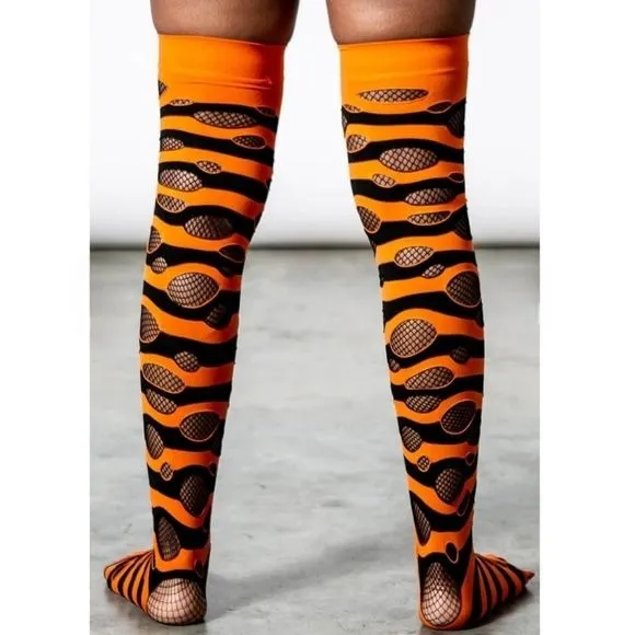 Wretched Soul Distressed Long Thigh High Socks | Black & Orange