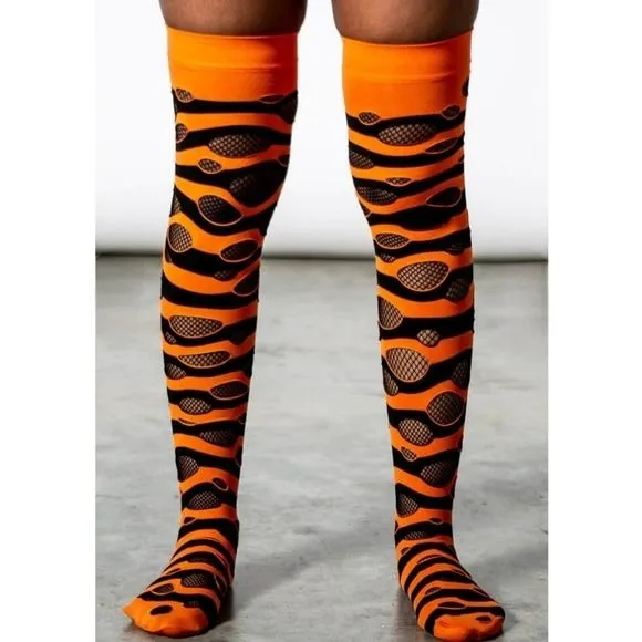 Wretched Soul Distressed Long Thigh High Socks | Black & Orange